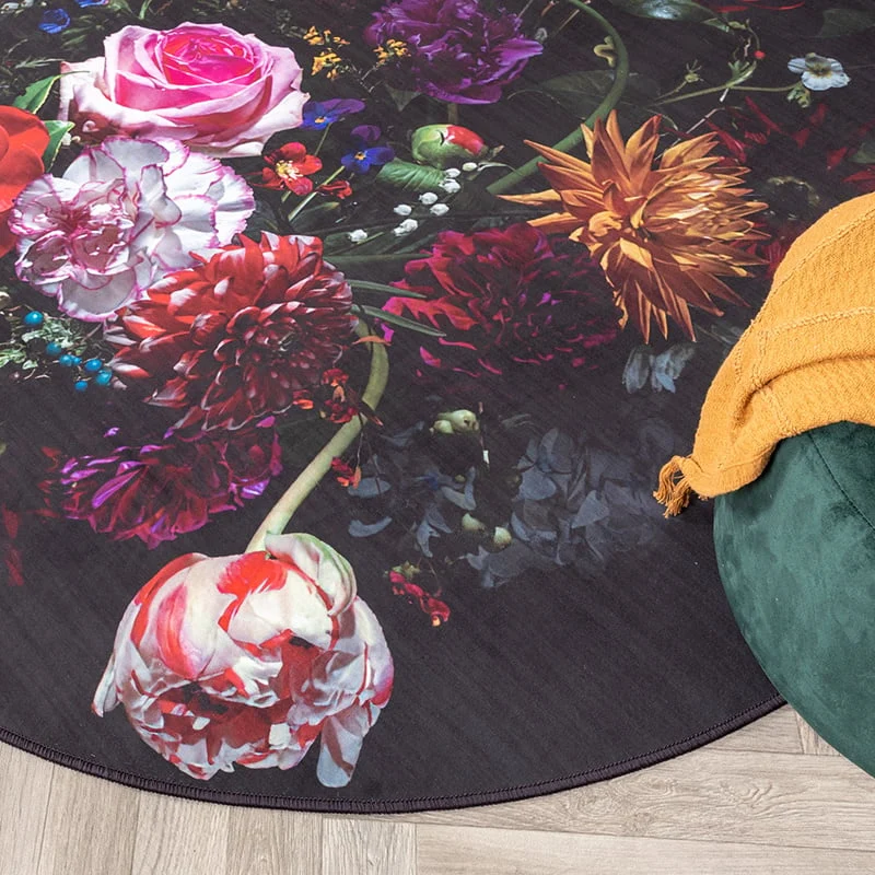 Teppich Floral Rund - Florine Schwarz Rosa