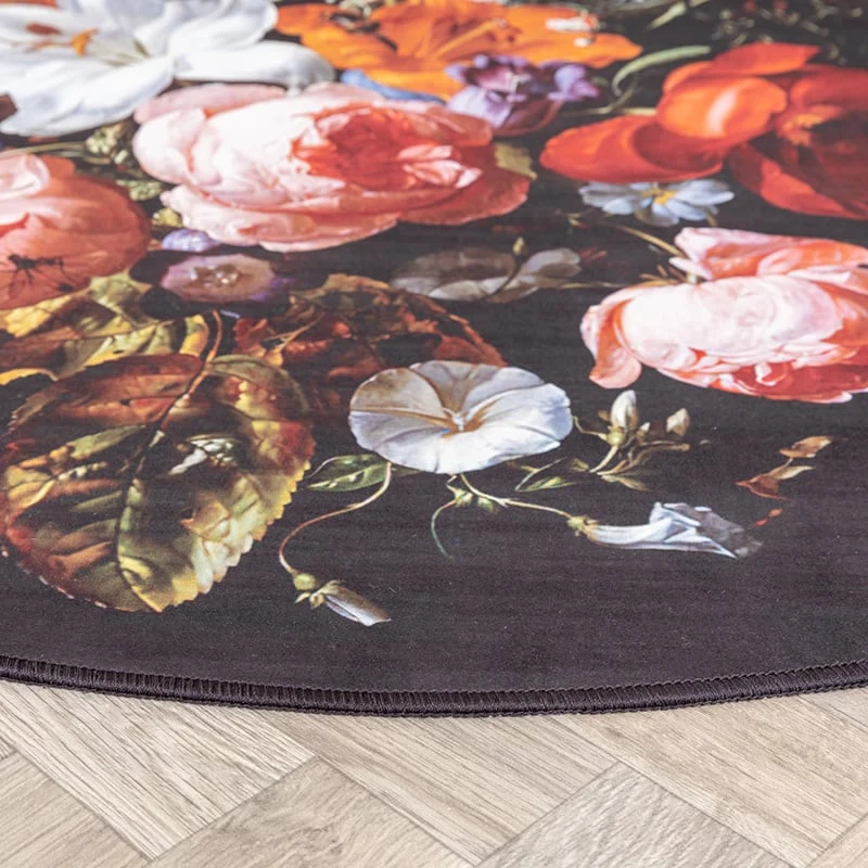 Teppich Floral Rund - Florine Schwarz Orange