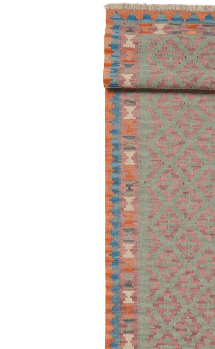 Kelim Gashgai · Handgewebt – Grün, 415x85 cm