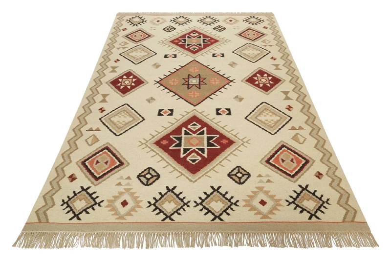 Kelim Teppich Creme Beige Rot aus Wolle "Brionne" Green Looop