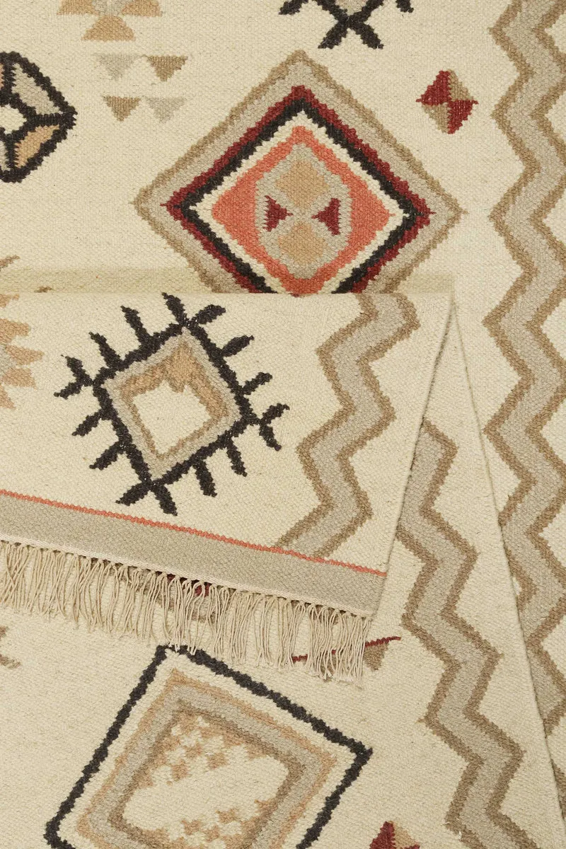Kelim Teppich Creme Beige Rot aus Wolle "Brionne" Green Looop