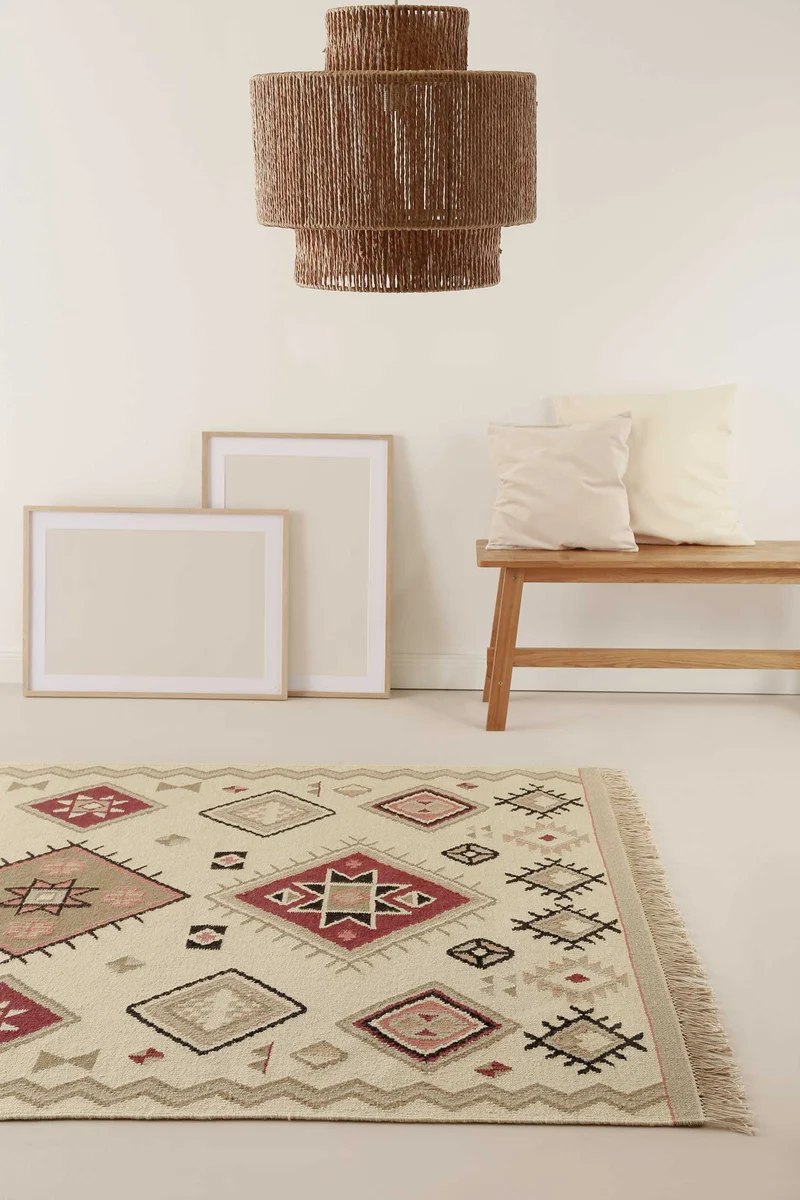 Kelim Teppich Creme Beige Rot aus Wolle "Brionne" Green Looop