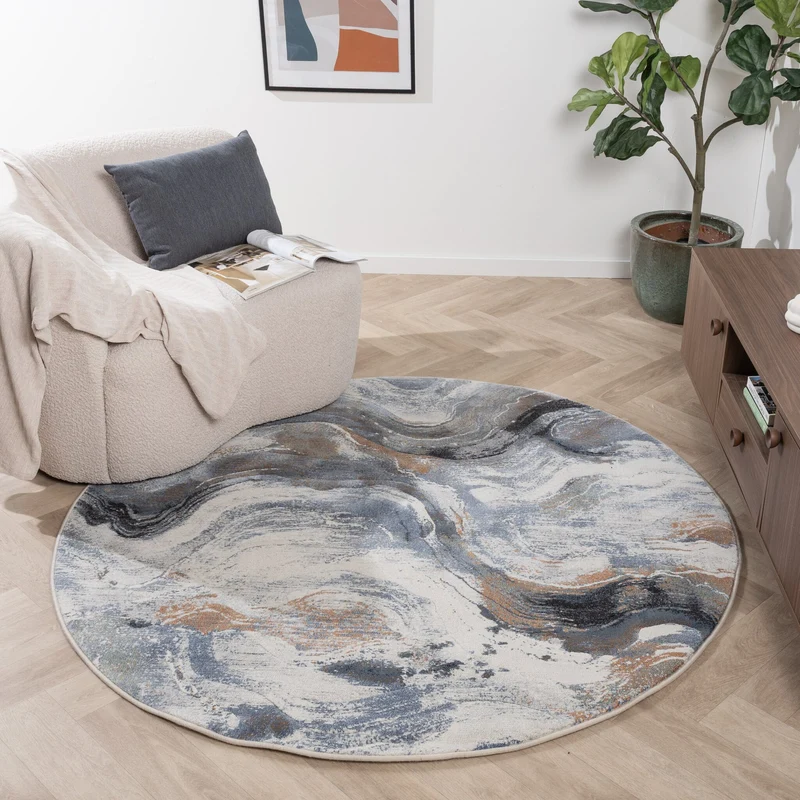 Abstrakter Teppich Rund – Xavier Wave Blau/Grau
