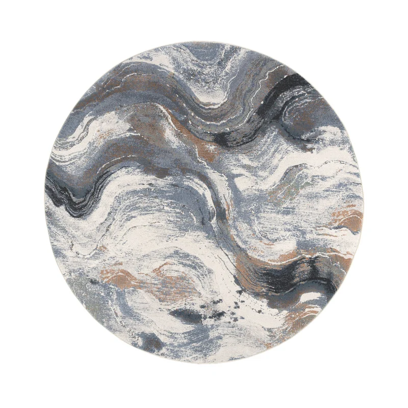 Abstrakter Teppich Rund – Xavier Wave Blau/Grau