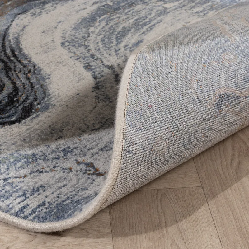 Abstrakter Teppich Rund – Xavier Wave Blau/Grau