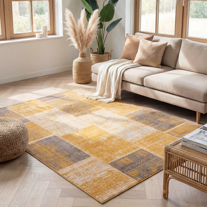 Teppich Vintage - Spring Patchwork Ockergelb Taupe