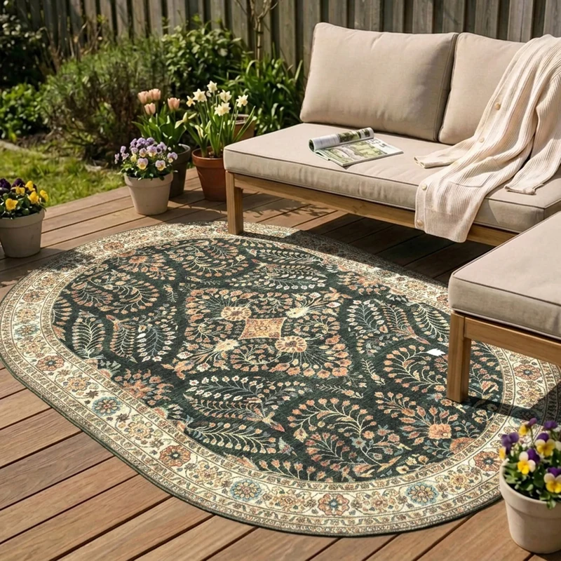 Vintage Gartenteppich Oval - Santo Flora Dunkelgrün