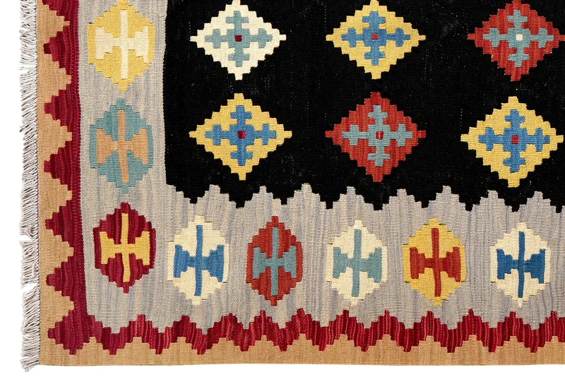 Kelim Gashgai · Handgewebt – Schwarz, 197x149 cm