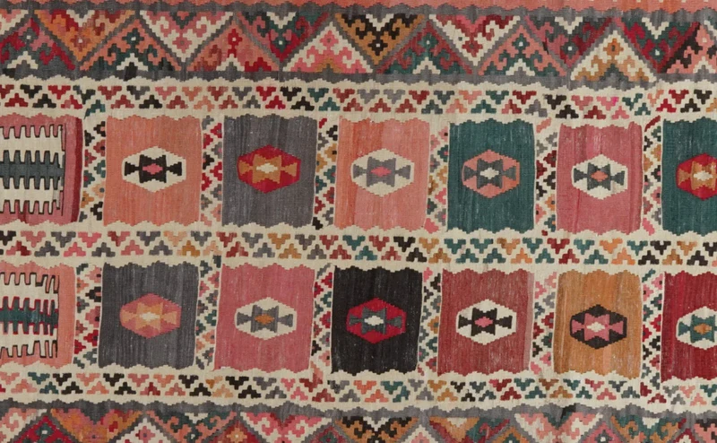 Kelim Gashgai Old · Handgewebt – Bunt, 477x128 cm