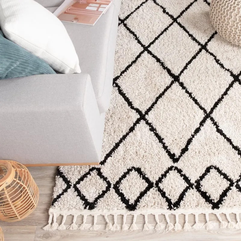 Teppich Hochflor - Grand Diamond Weave Creme Schwarz