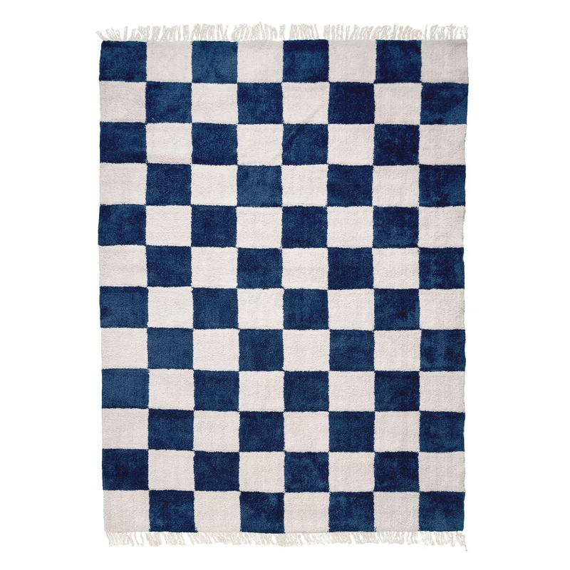 Teppich Kariert - Blox Fringe Blau Weiß