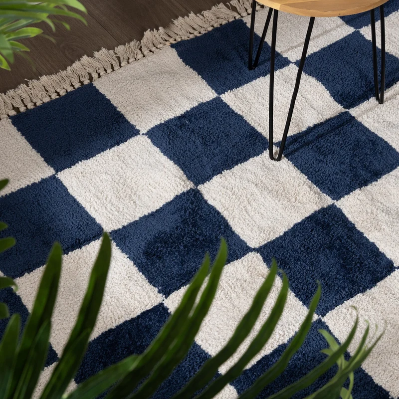 Teppich Kariert - Blox Fringe Blau Weiß