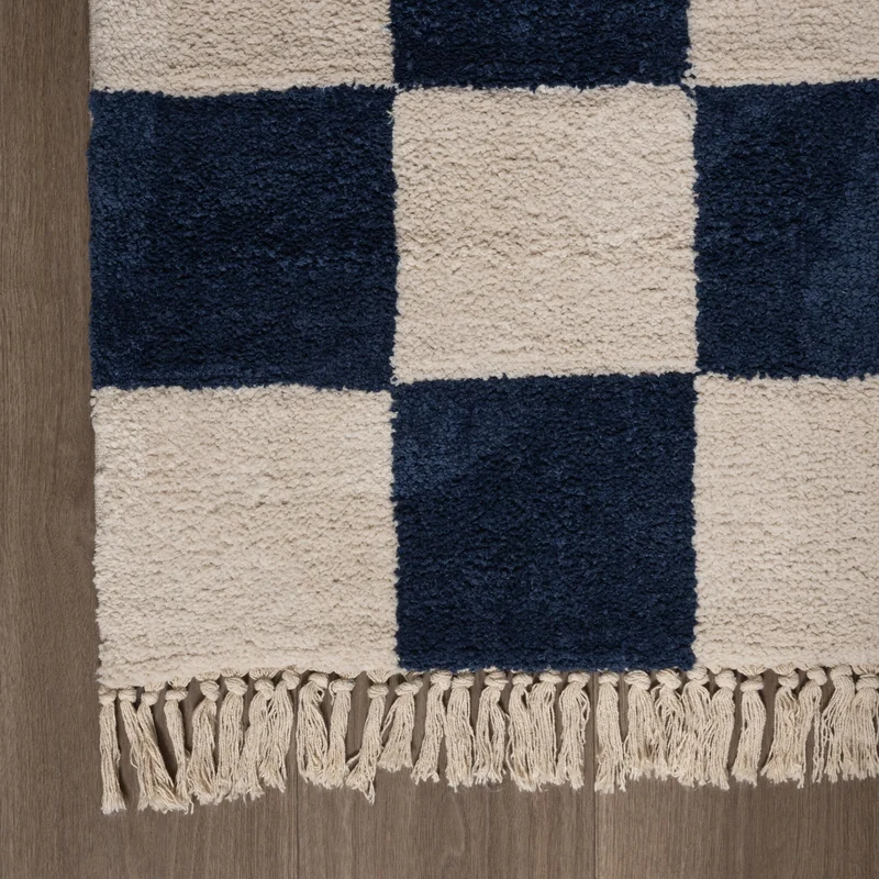 Teppich Kariert - Blox Fringe Blau Weiß