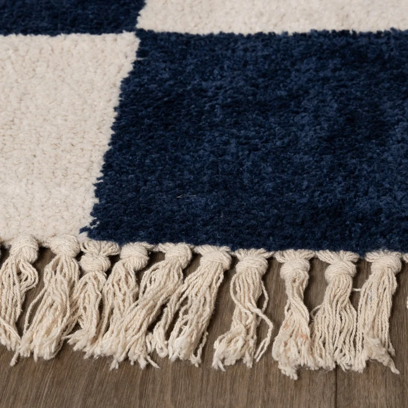 Teppich Kariert - Blox Fringe Blau Weiß