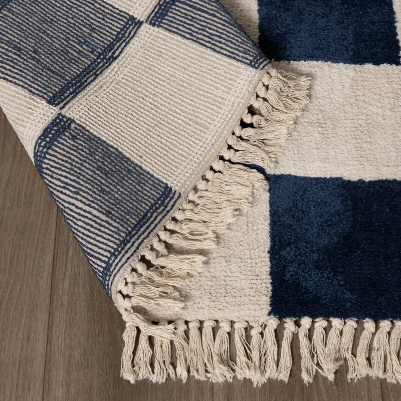 Teppich Kariert - Blox Fringe Blau Weiß