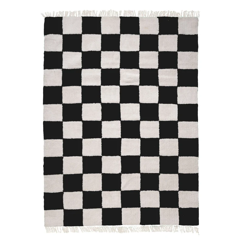 Teppich Kariert - Blox Fringe Schwarz Weiß