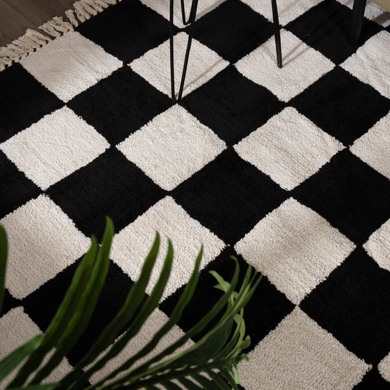 Teppich Kariert - Blox Fringe Schwarz Weiß