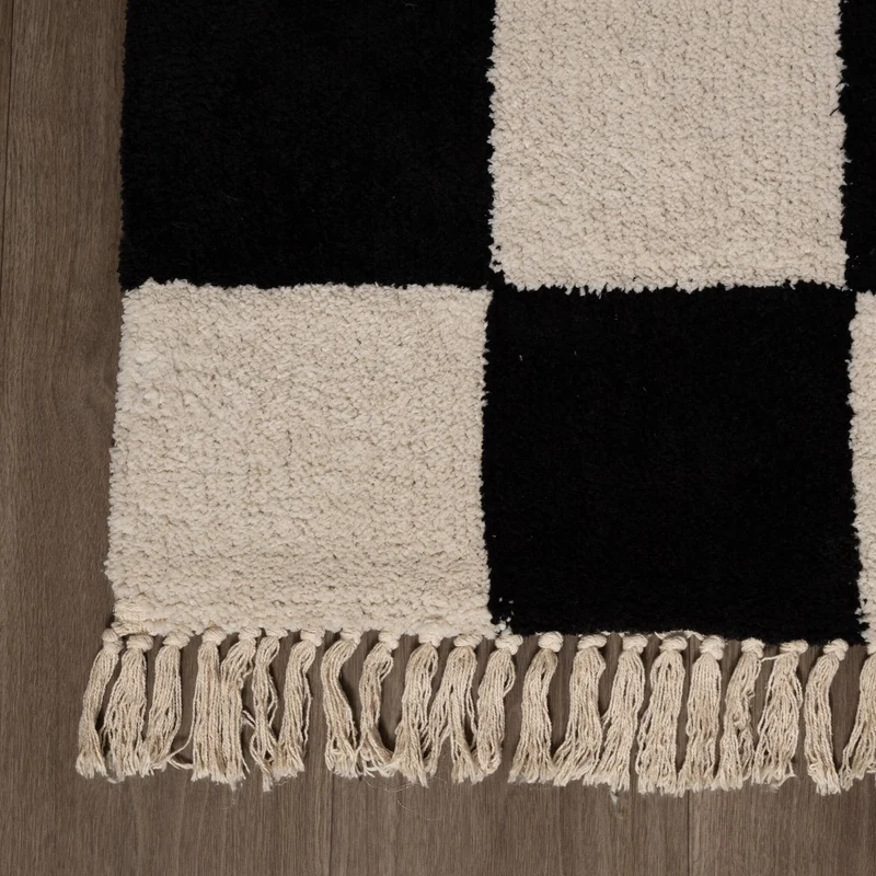 Teppich Kariert - Blox Fringe Schwarz Weiß