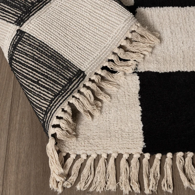 Teppich Kariert - Blox Fringe Schwarz Weiß