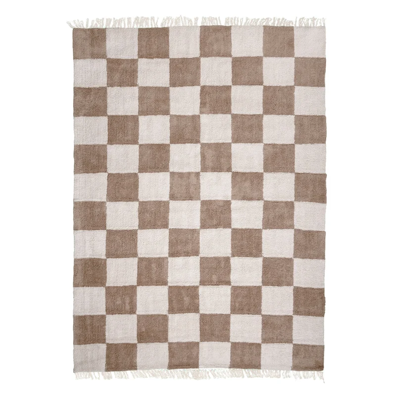 Teppich Kariert - Blox Fringe Beige Weiß