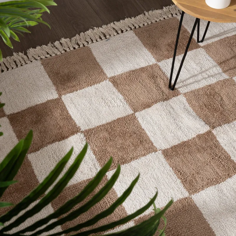 Teppich Kariert - Blox Fringe Beige Weiß
