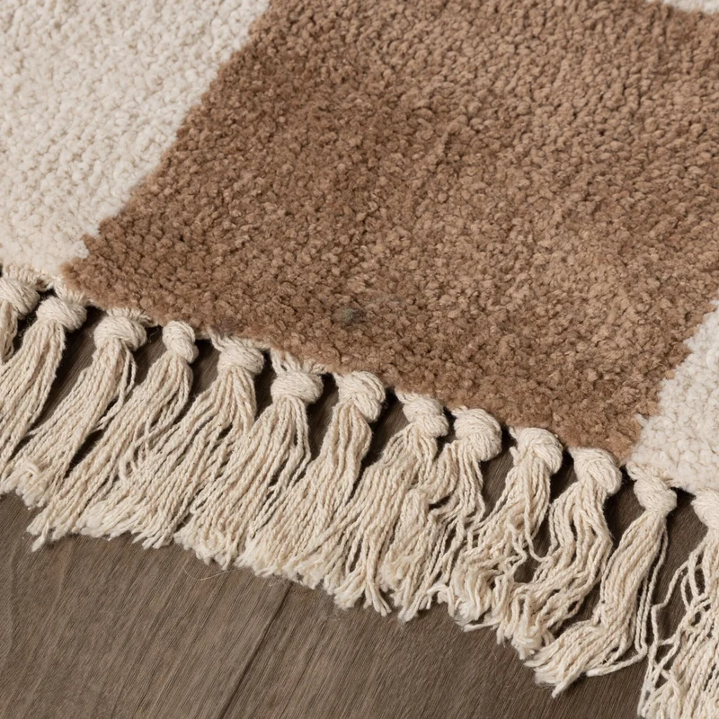 Teppich Kariert - Blox Fringe Beige Weiß