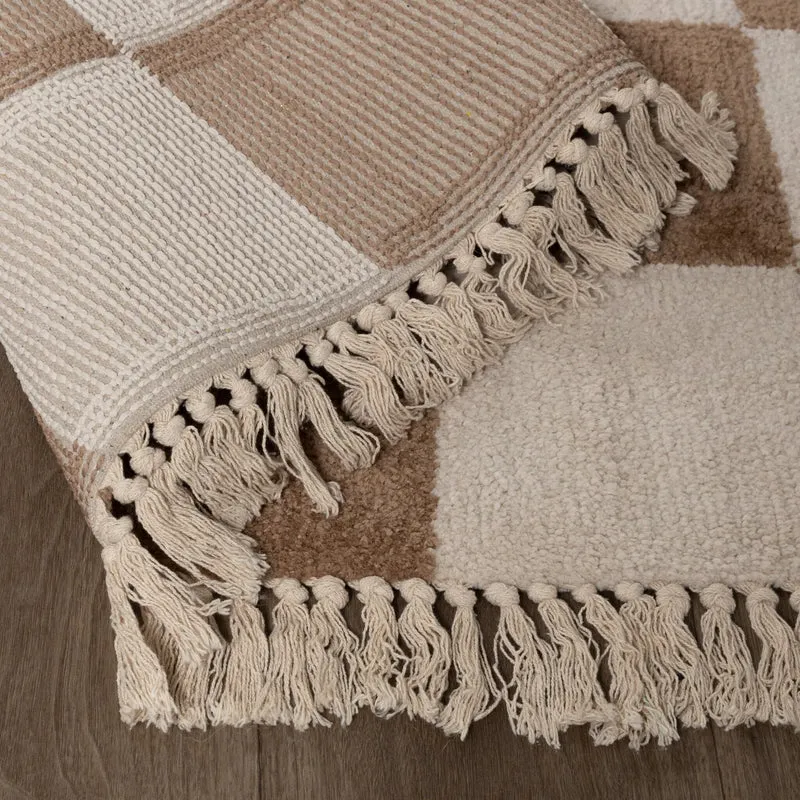 Teppich Kariert - Blox Fringe Beige Weiß