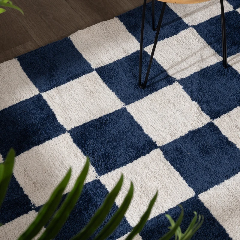 Teppich Kariert - Blox Blau Weiß