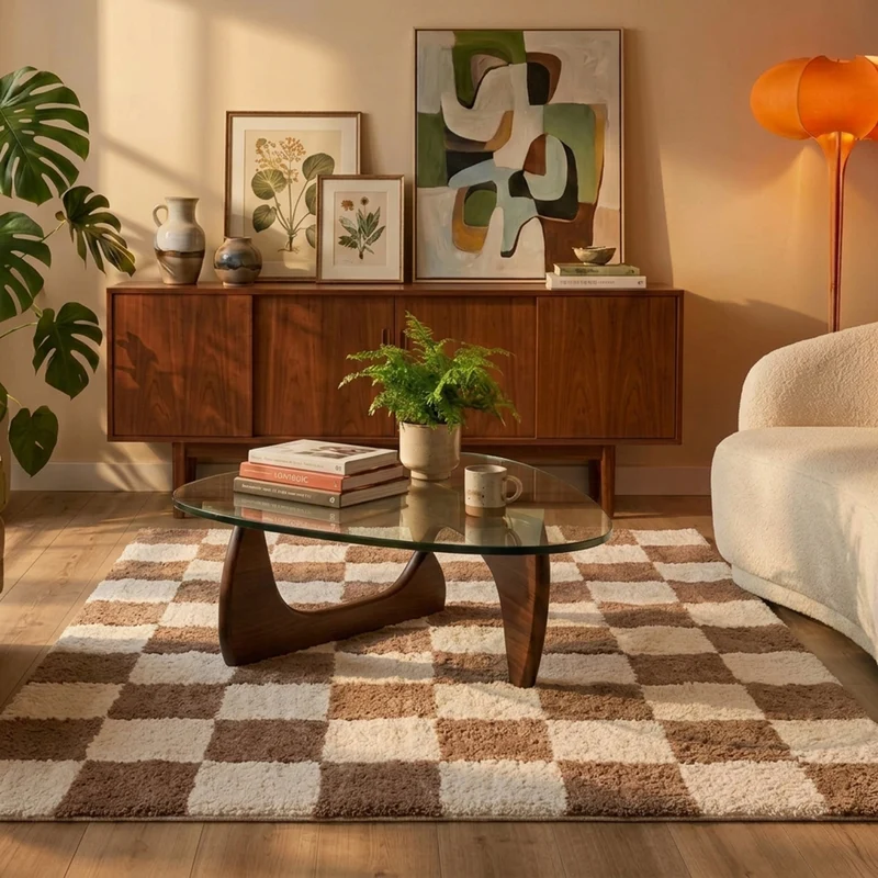 Teppich Kariert - Blox Beige Weiß