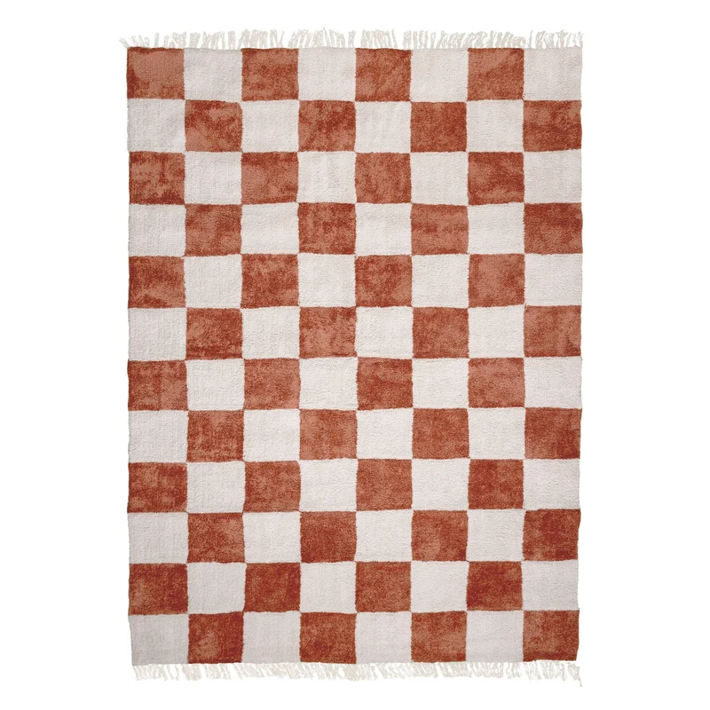 Teppich Kariert - Blox Fringe Terracotta Weiß