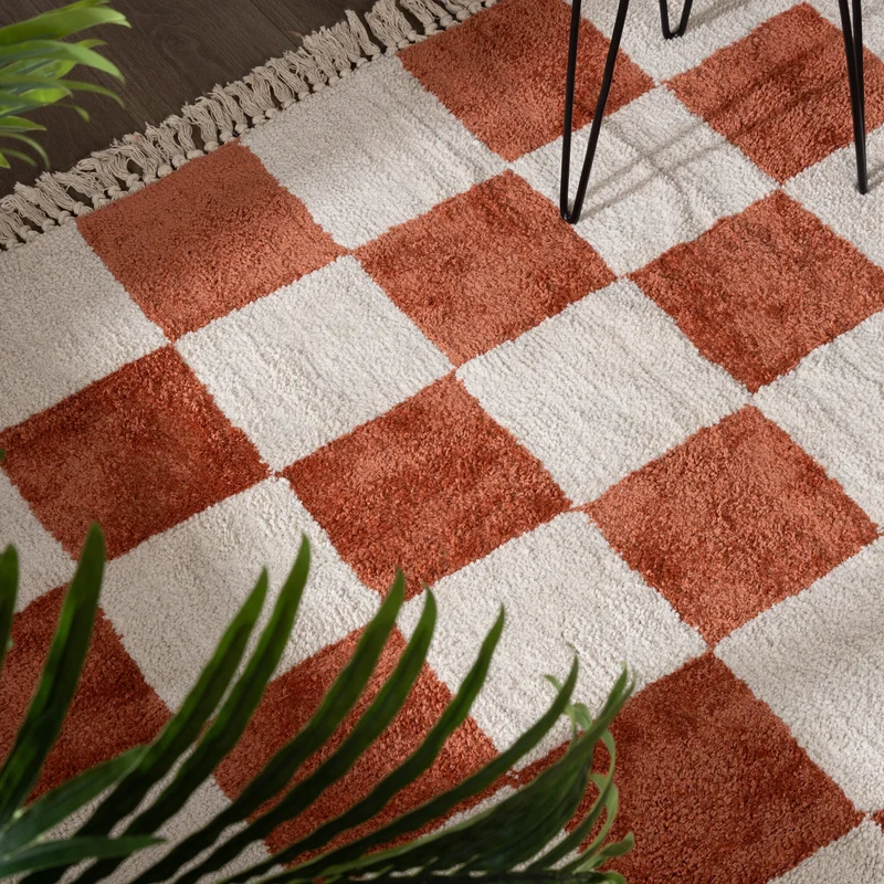 Teppich Kariert - Blox Fringe Terracotta Weiß