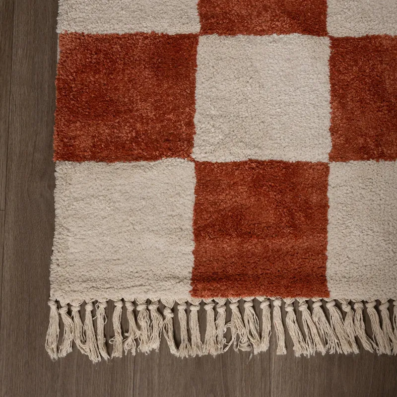 Teppich Kariert - Blox Fringe Terracotta Weiß