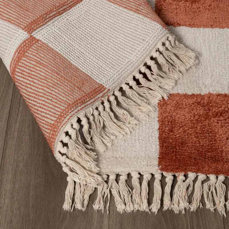 Teppich Kariert - Blox Fringe Terracotta Weiß