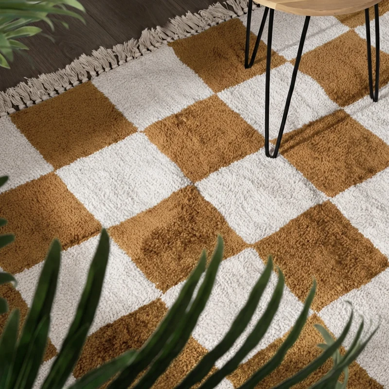 Teppich kariert - Blox Fringe ockergelb weiß