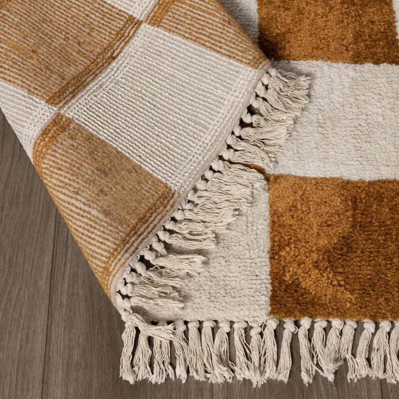 Teppich kariert - Blox Fringe ockergelb weiß