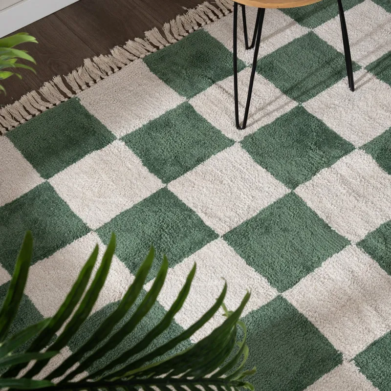 Teppich Kariert - Blox Fringe Grün Weiß