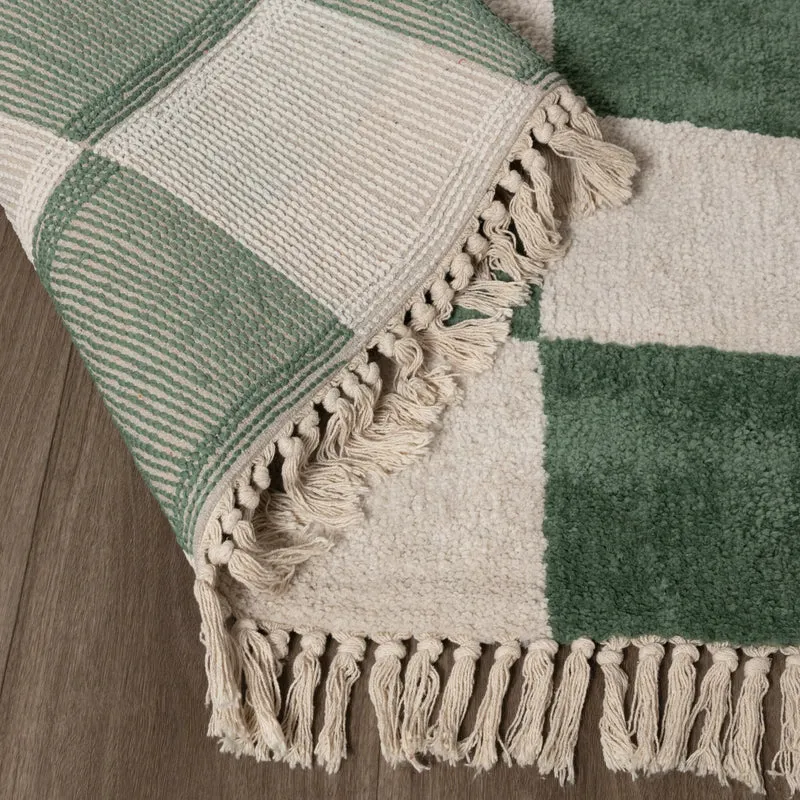 Teppich Kariert - Blox Fringe Grün Weiß