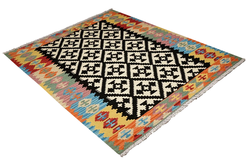 Kelim Gashgai · Handgewebt – Schwarz, 202x156 cm