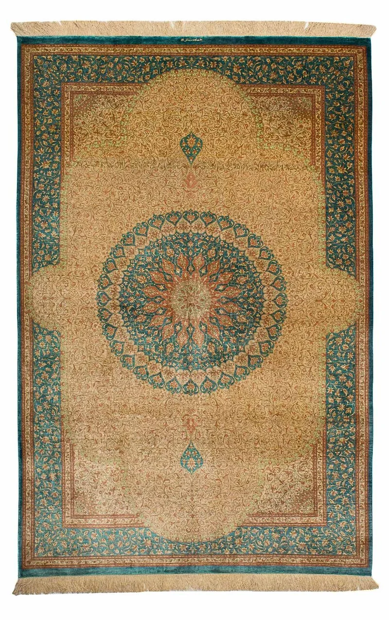 Seidenteppich - Ghom Seide - Premium 130 x 188 cm Teppichbrücke - beige